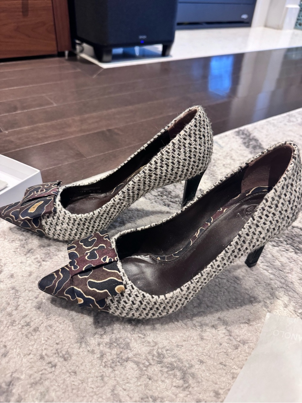Tory Burch Tweed Pointed-Toe Pumps with Patterned Bow - Black/Brown - Picture 2 of 3